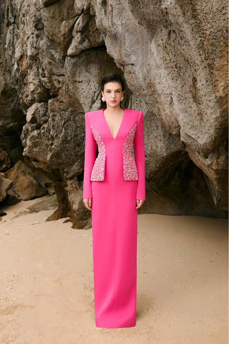 Deep V-Neck Crystal Embellished Flap Straight Dress